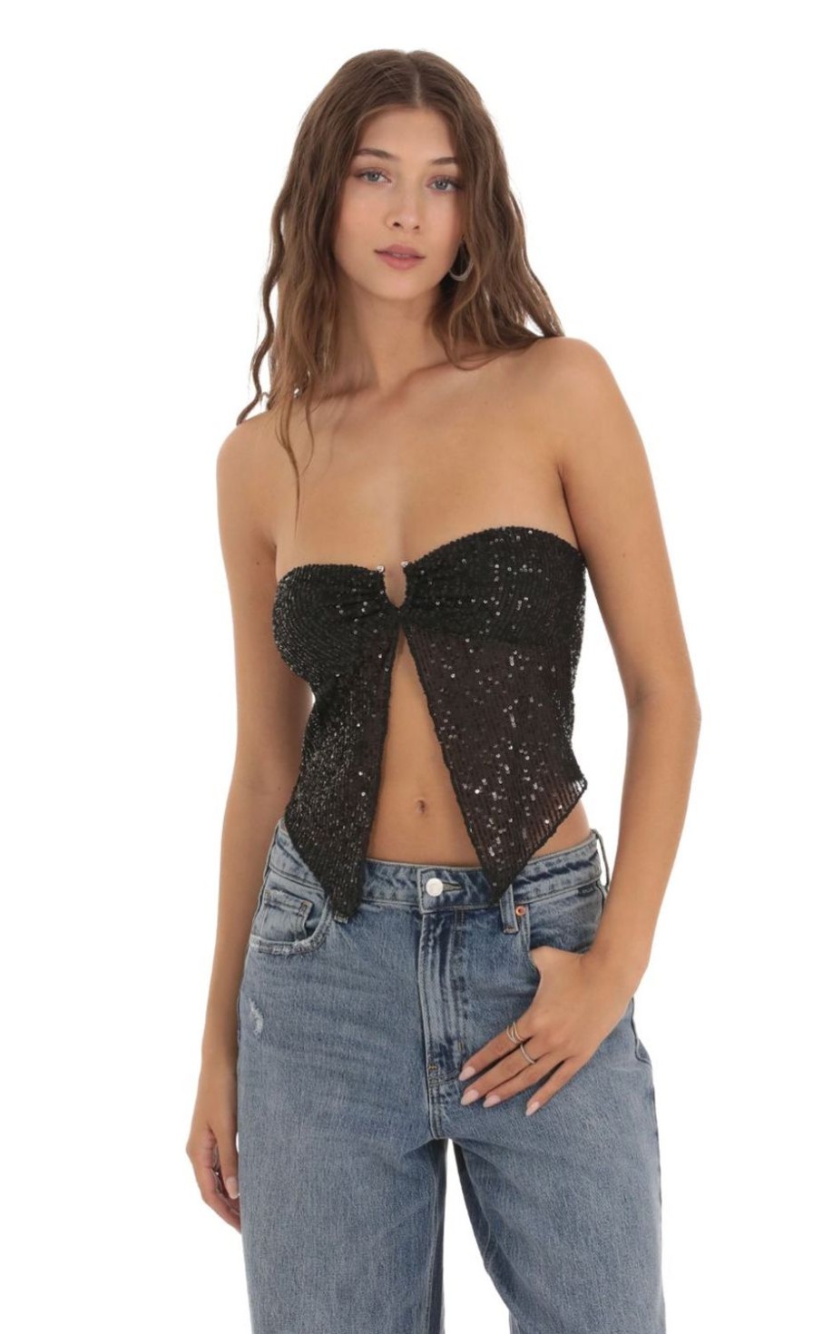 Clothing LUCY IN THE SKY | Bronwen Sequin Strapless Top In Black | Lucy In The Sky