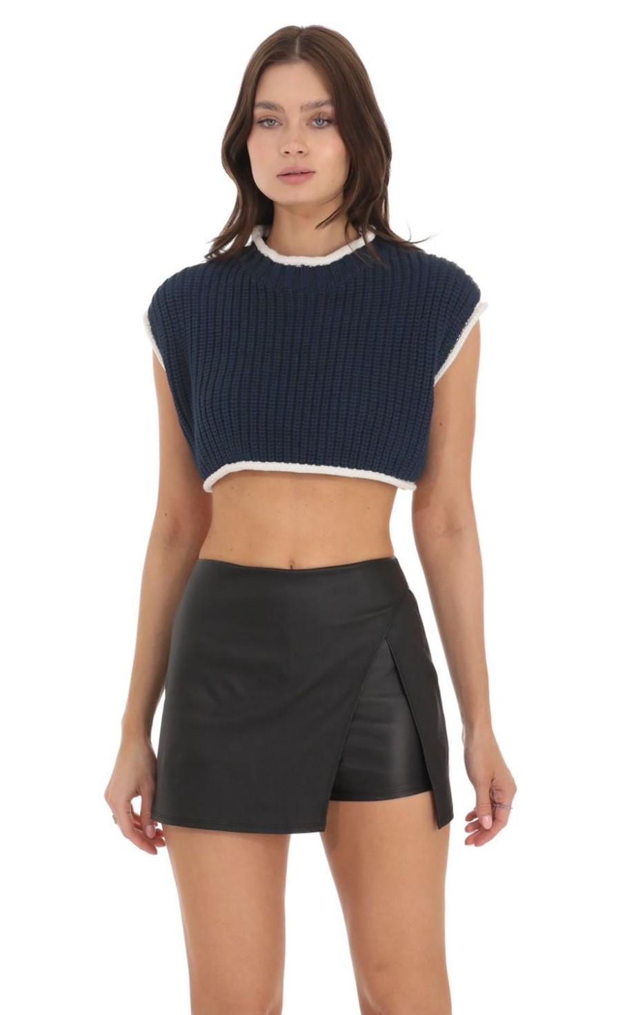 Clothing LUCY IN THE SKY | Knit Open Back Cropped Top In Navy | Lucy In The Sky