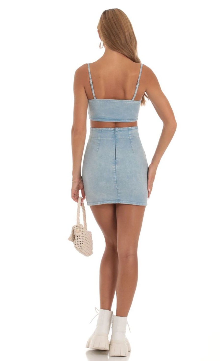 Clothing LUCY IN THE SKY | Braelyn Corset Lace Up Dress In Light Denim | Lucy In The Sky