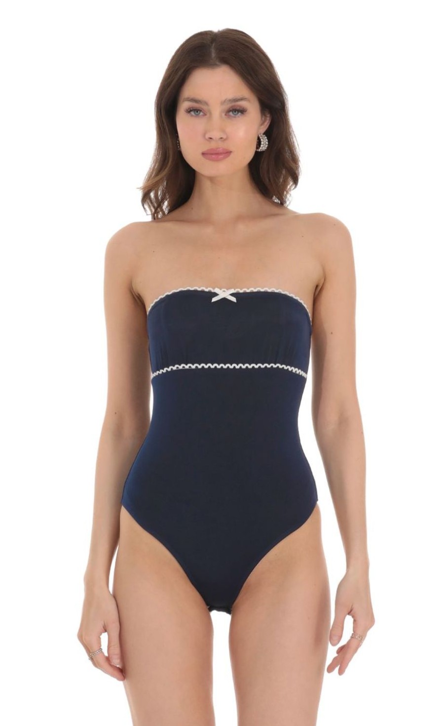 Clothing LUCY IN THE SKY | Strapless White Accent Bodysuit In Navy | Lucy In The Sky