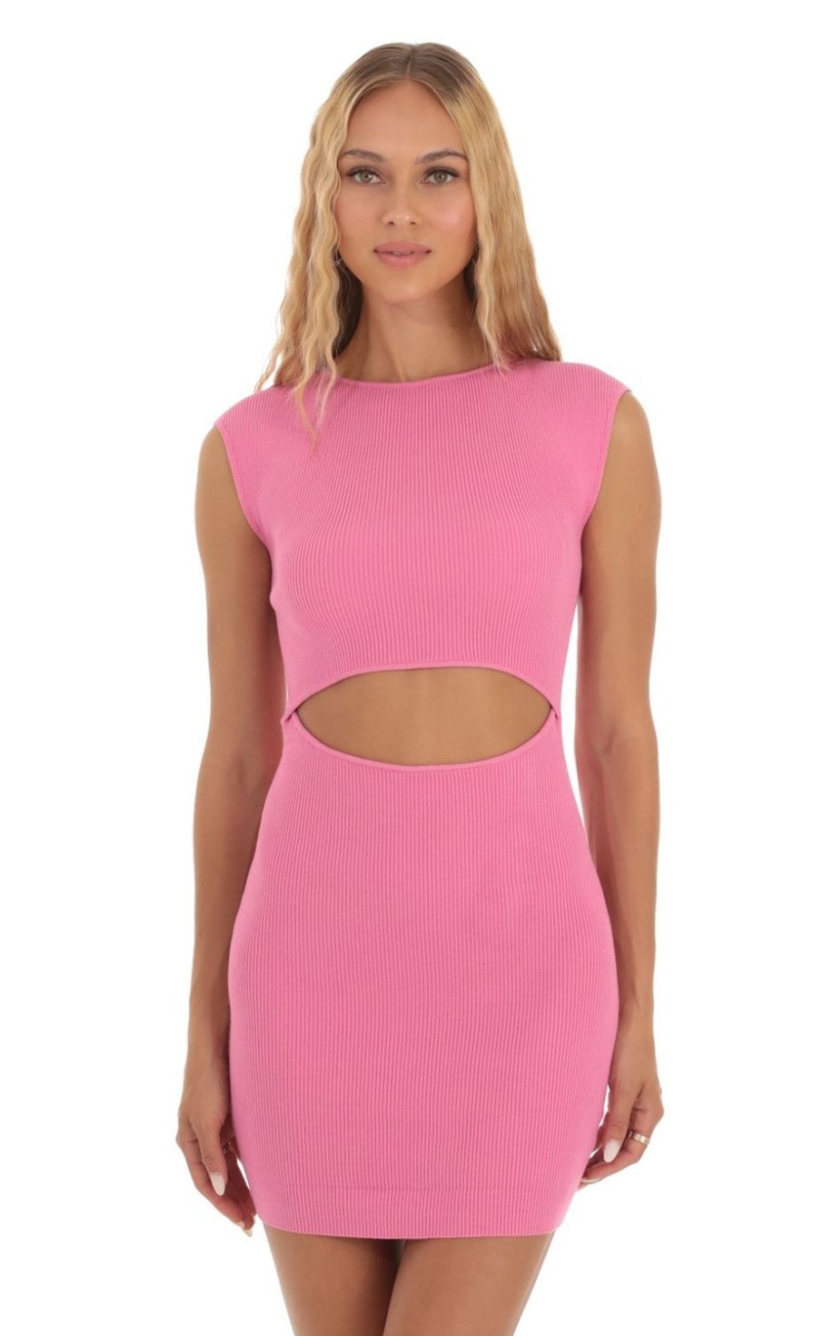 Clothing LUCY IN THE SKY | Wynry Ribbed Knit Cutout Dress In Pink | Lucy In The Sky