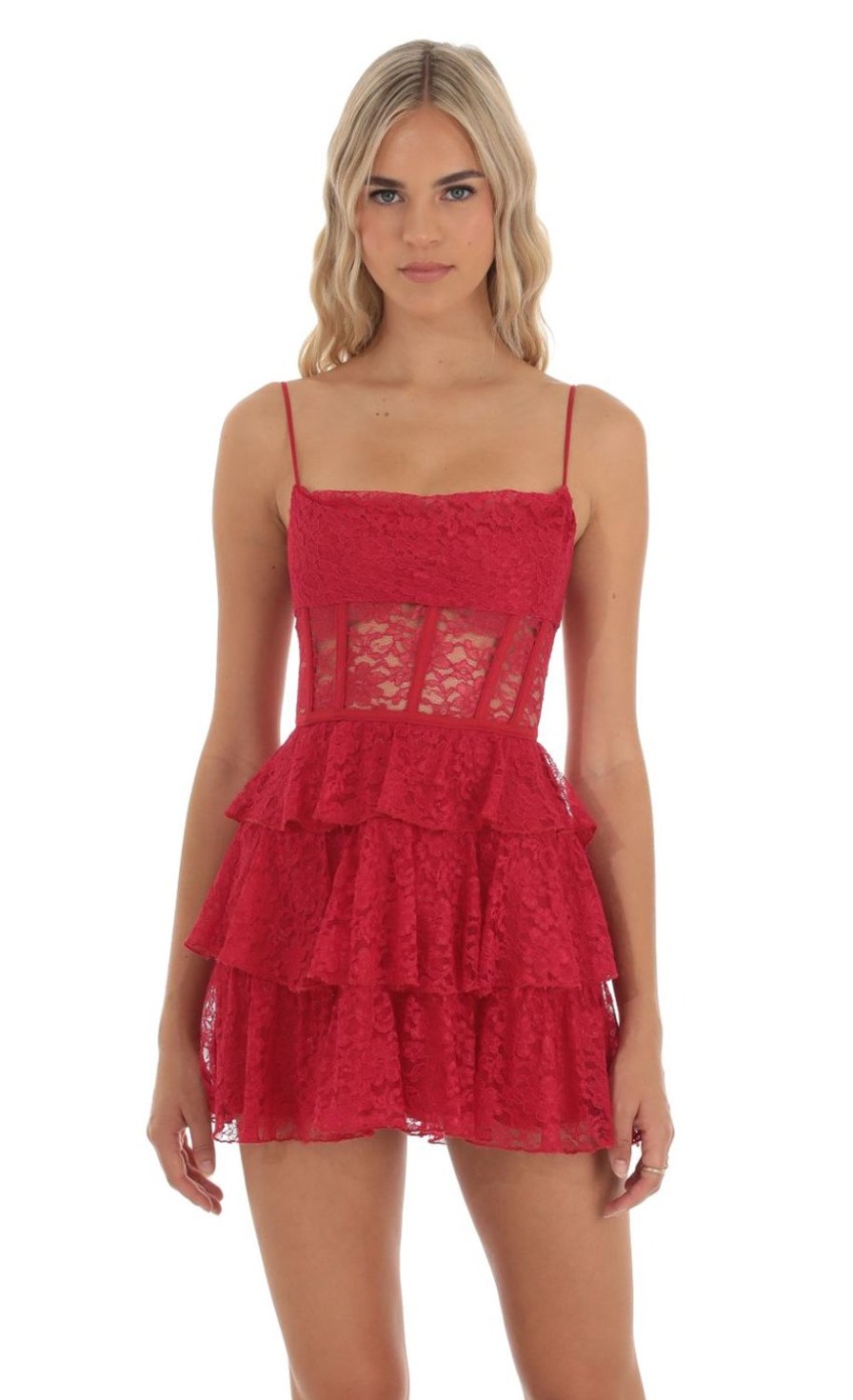 Clothing LUCY IN THE SKY | Yuka Lace Corset Ruffle Dress In Red | Lucy In The Sky