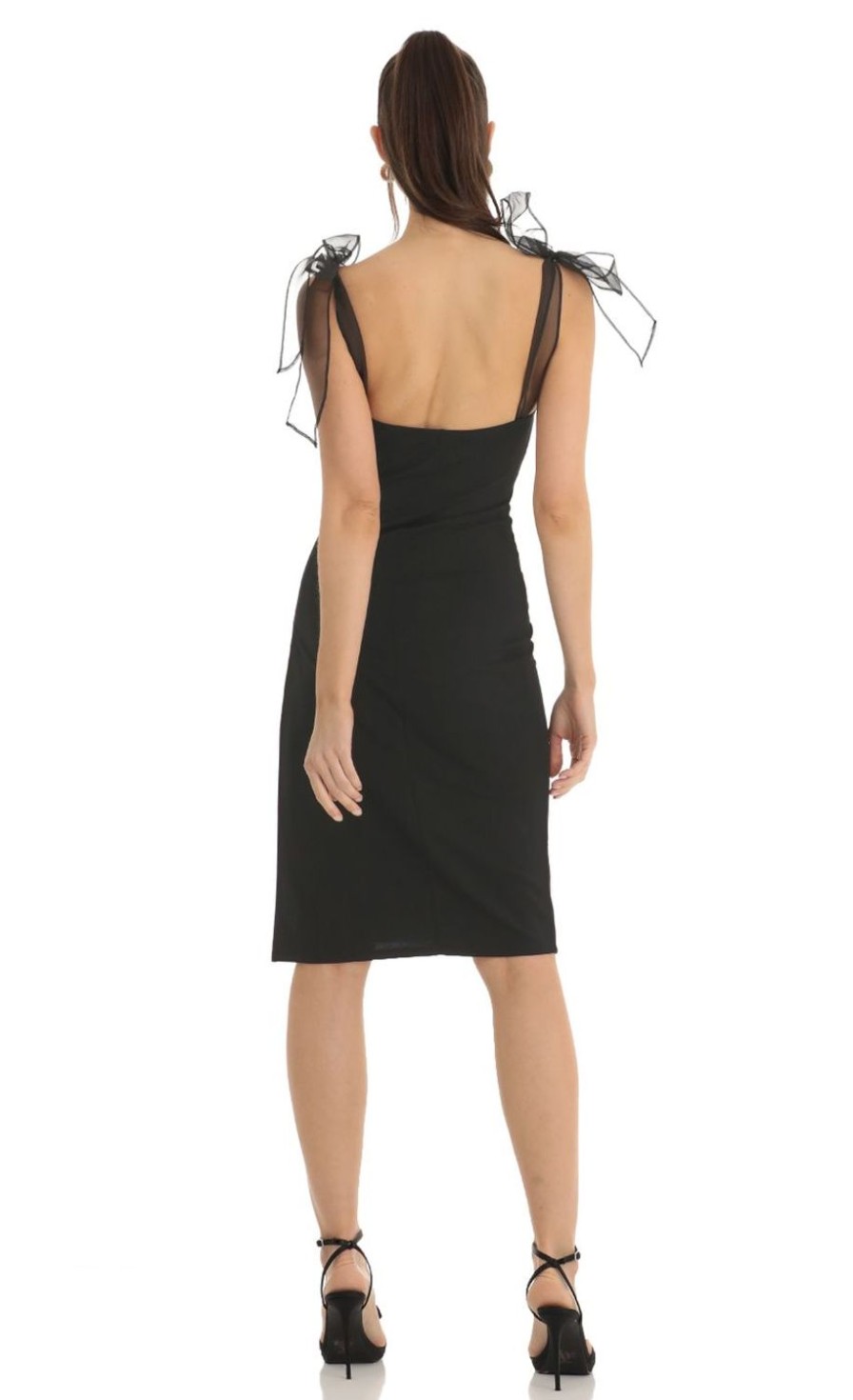 Clothing LUCY IN THE SKY | Shoulder Bow Tie Crepe Midi Dress In Black | Lucy In The Sky