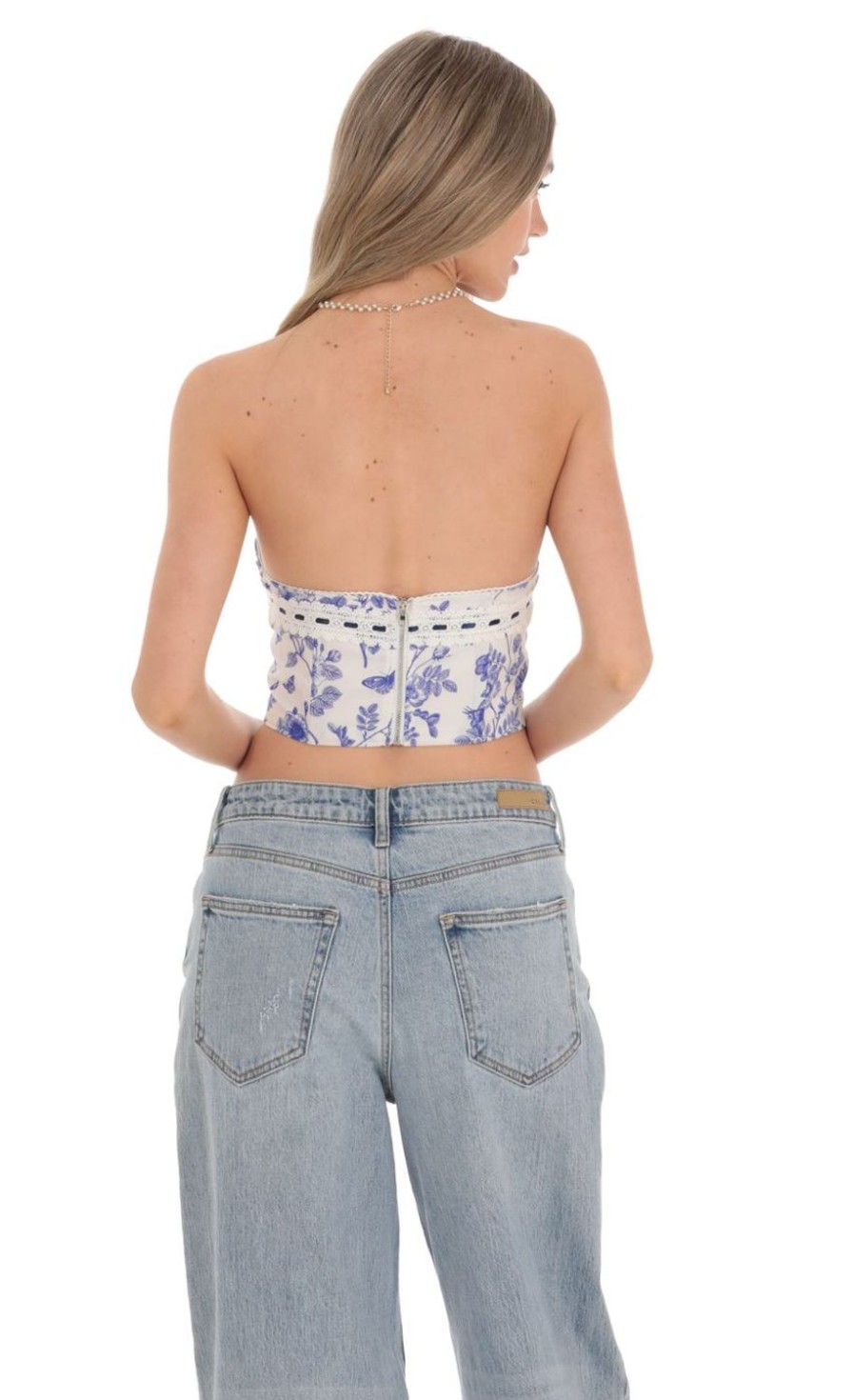 Clothing LUCY IN THE SKY | Blue Floral Corset Top In White | Lucy In The Sky