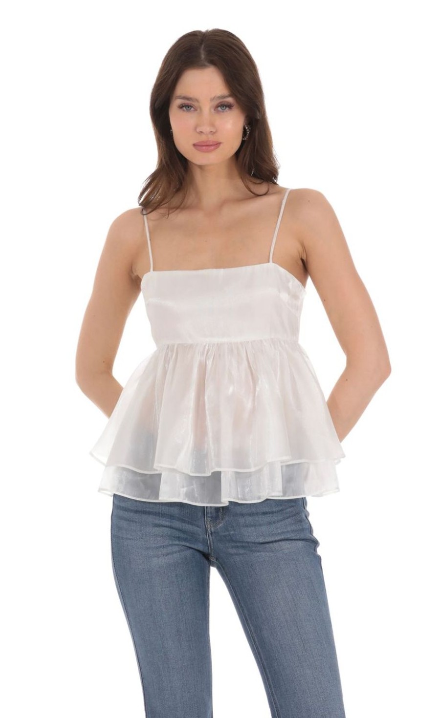 Clothing LUCY IN THE SKY | Babydoll Shimmer Top In White | Lucy In The Sky