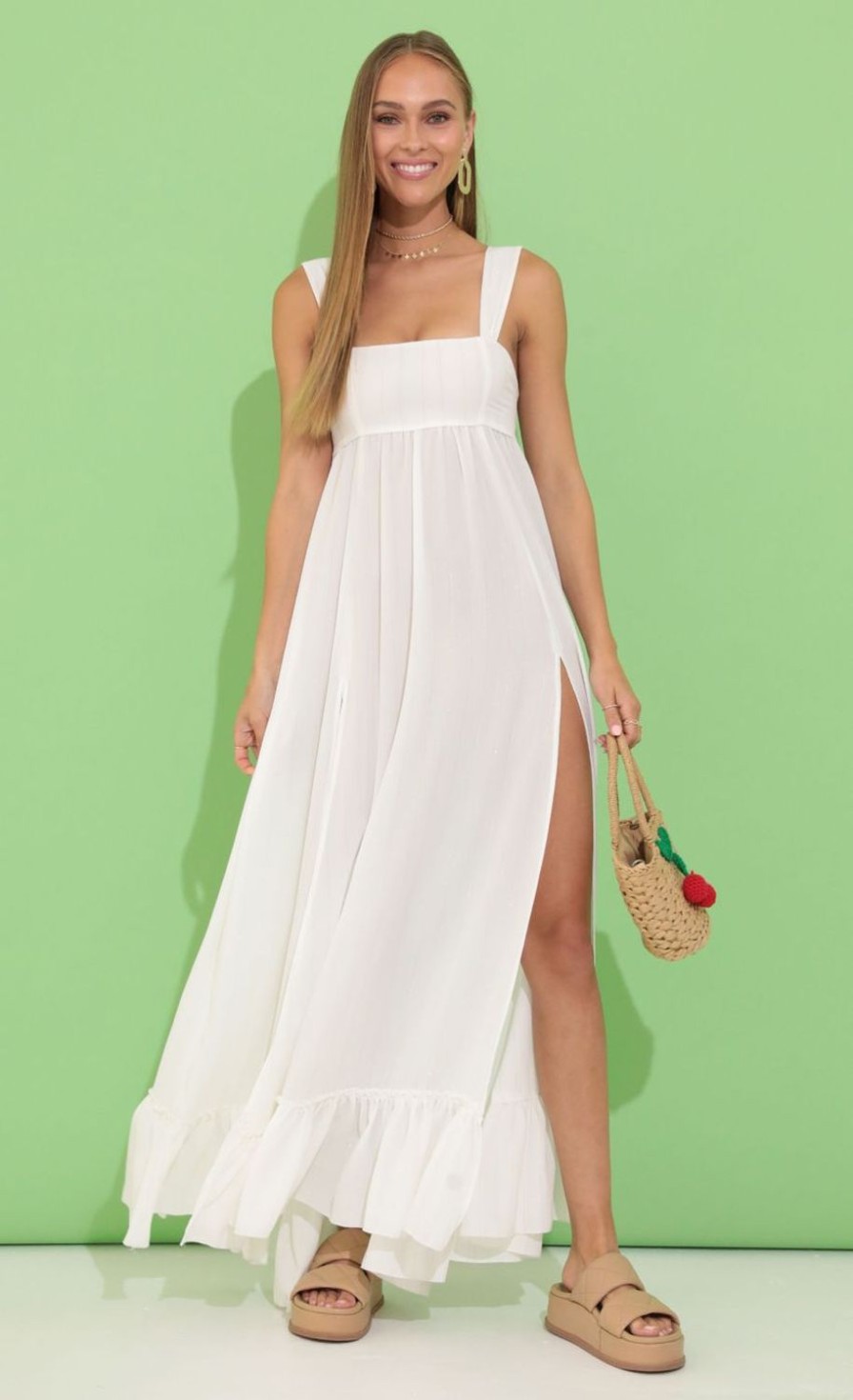 Clothing LUCY IN THE SKY | Delani Crepe Pinstripe Maxi Dress In White | Lucy In The Sky