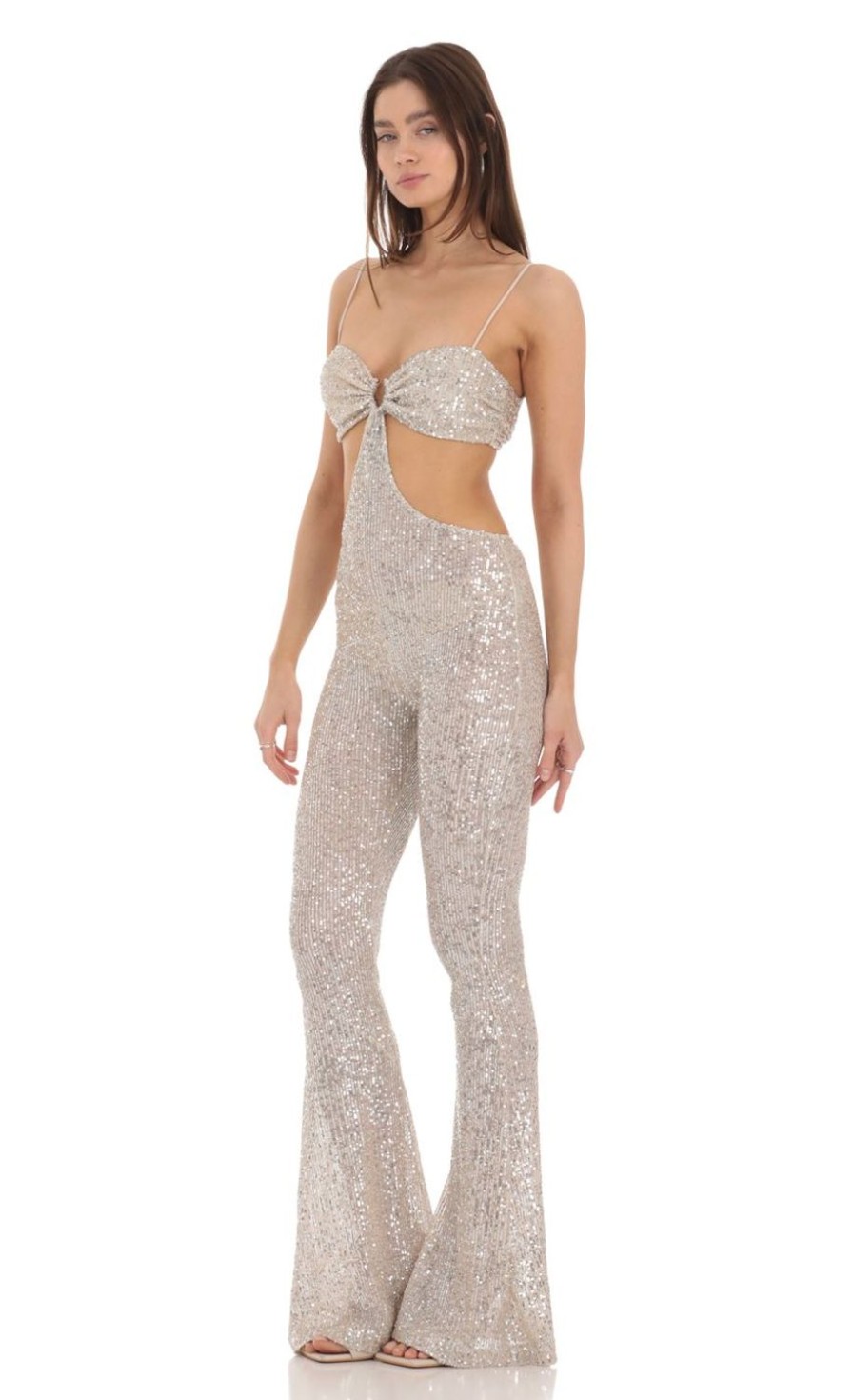 Clothing LUCY IN THE SKY | Sequin Cutout Jumpsuit In Champagne | Lucy In The Sky