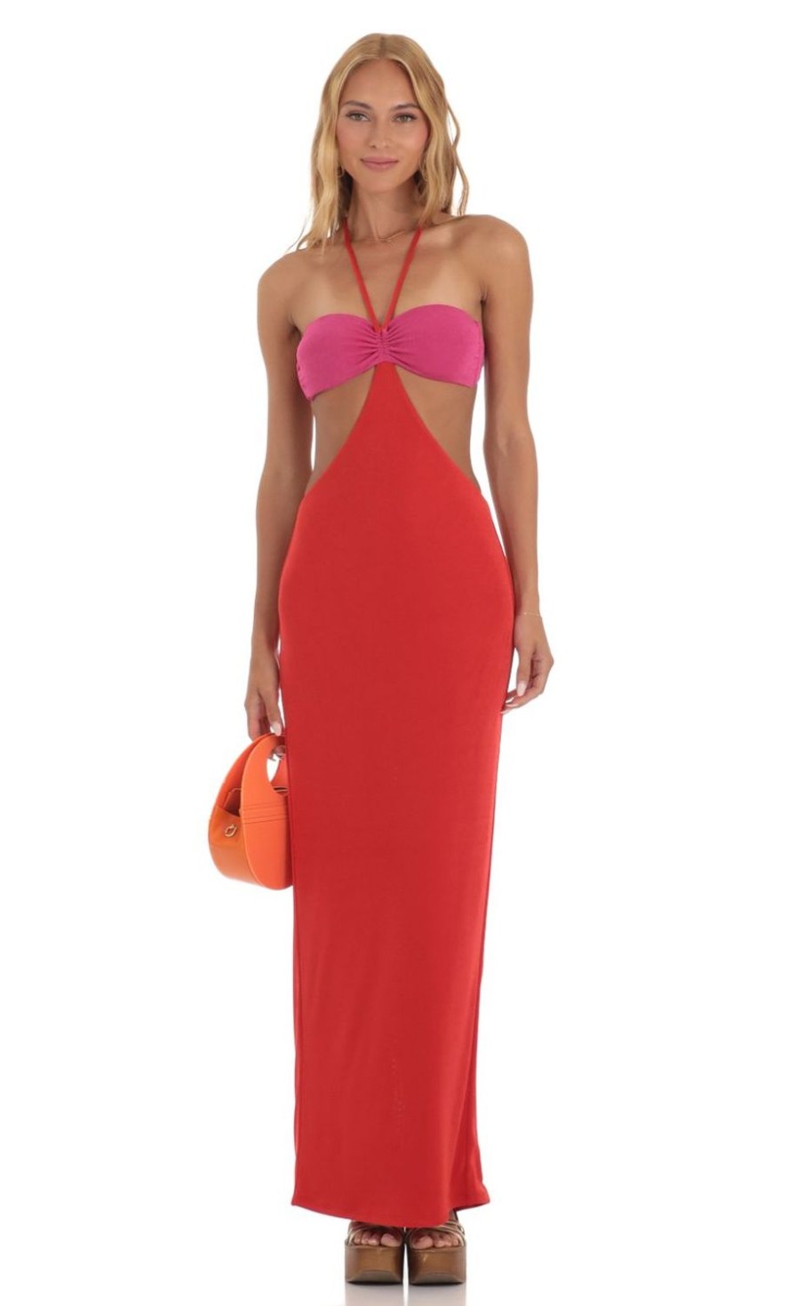 Clothing LUCY IN THE SKY | Sonora Two Toned Cutout Maxi Dress In Red And Pink | Lucy In The Sky