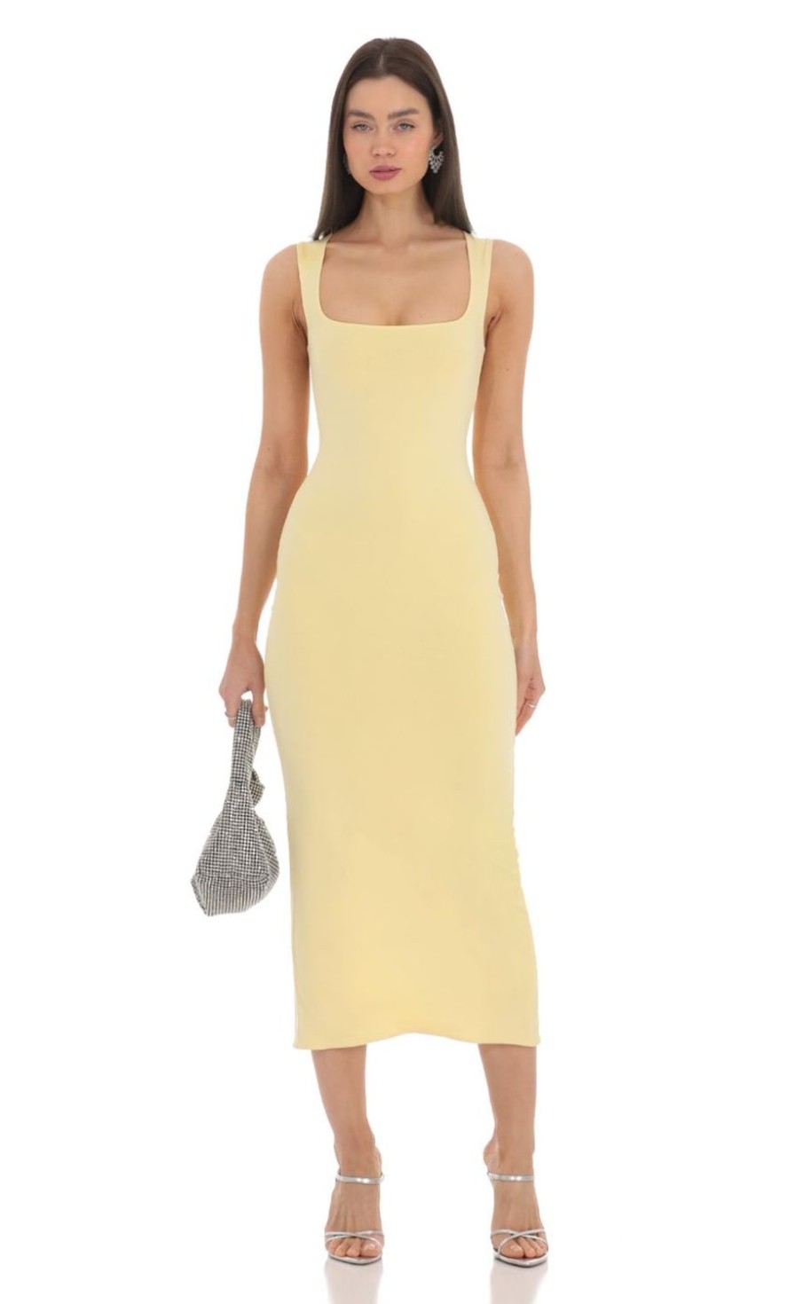 Clothing LUCY IN THE SKY | Square Neck Bodycon Midi Dress In Yellow | Lucy In The Sky