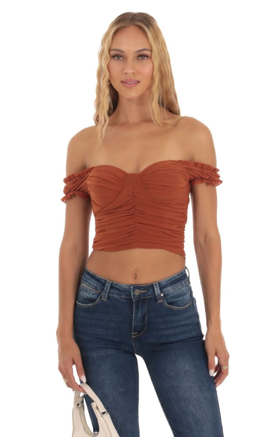 Clothing LUCY IN THE SKY | Zenayah Mesh Off Shoulder Top In Rust | Lucy In The Sky