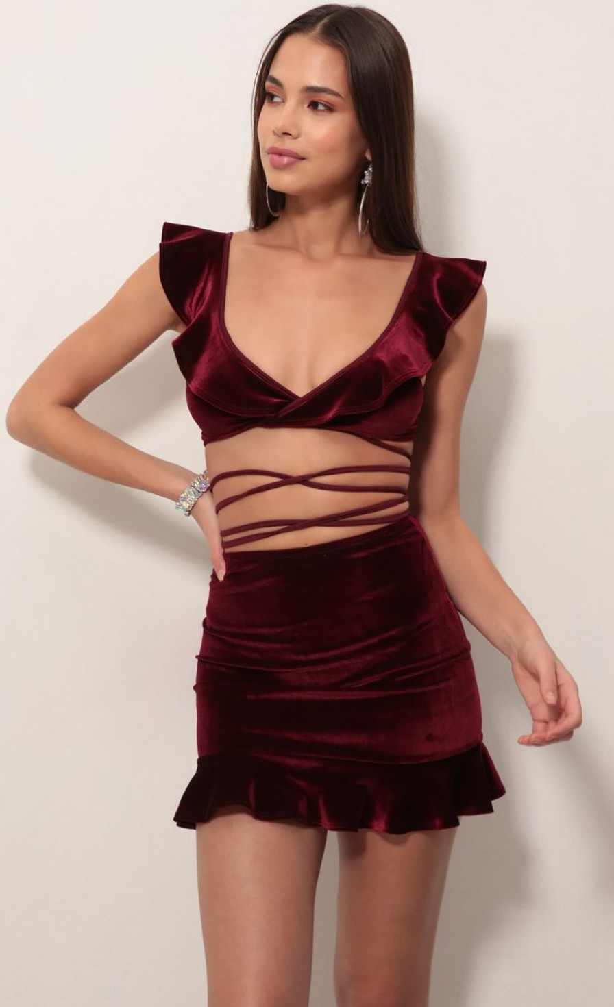 Clothing LUCY IN THE SKY | Madison Ruffle Set In Velvet Wine | Lucy In The Sky