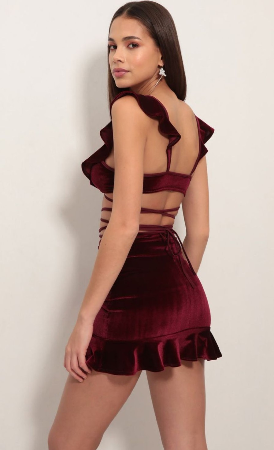 Clothing LUCY IN THE SKY | Madison Ruffle Set In Velvet Wine | Lucy In The Sky