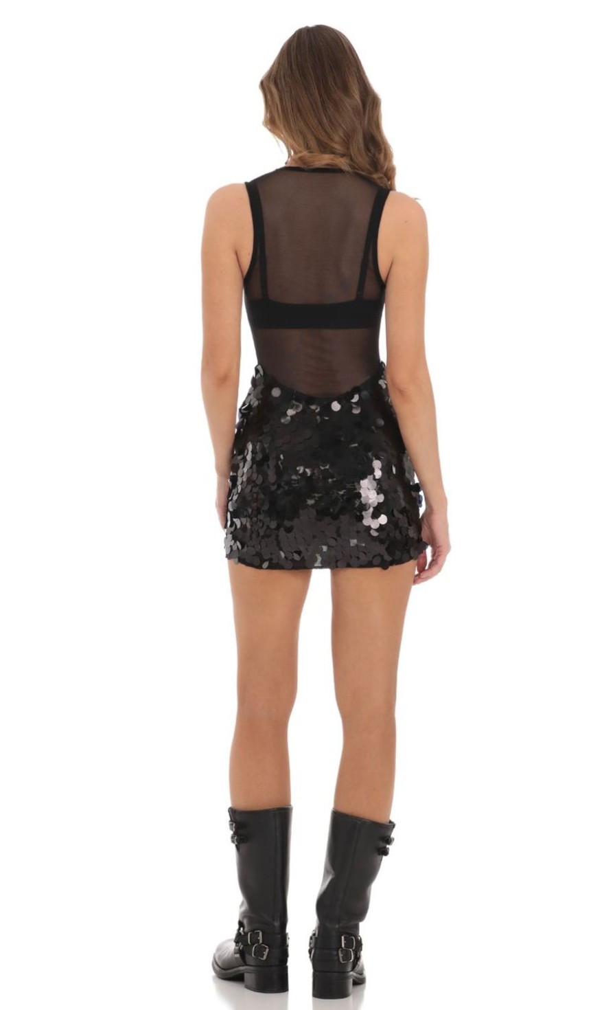 Clothing LUCY IN THE SKY | Mesh Sequin Skirt Dress In Black | Lucy In The Sky