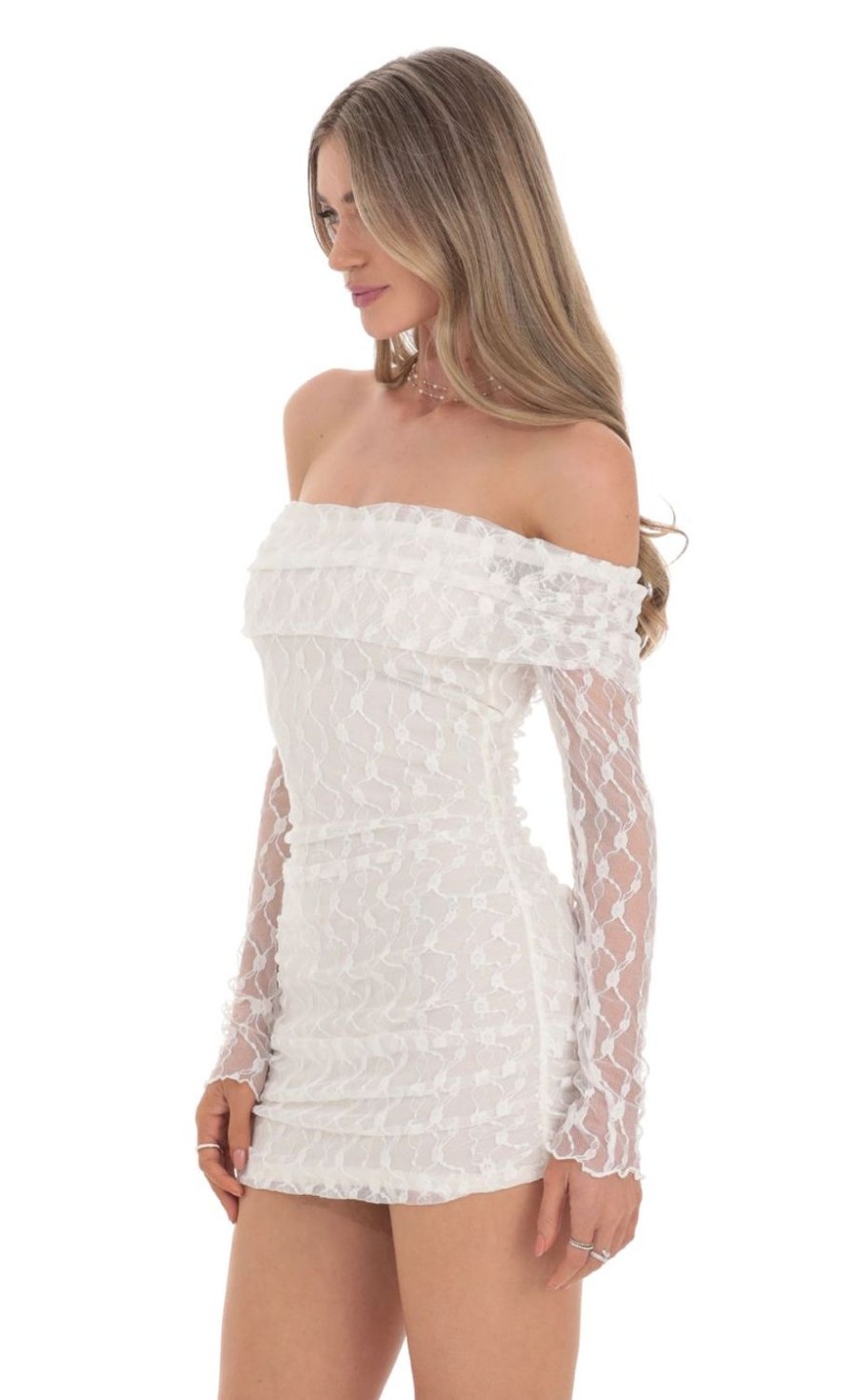 Clothing LUCY IN THE SKY | Off Shoulder Long Sleeve Lace Dress In White | Lucy In The Sky