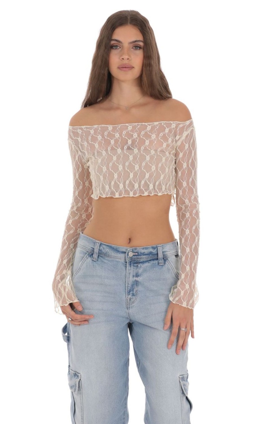 Clothing LUCY IN THE SKY | Off Shoulder Lace Crop Top In Cream | Lucy In The Sky