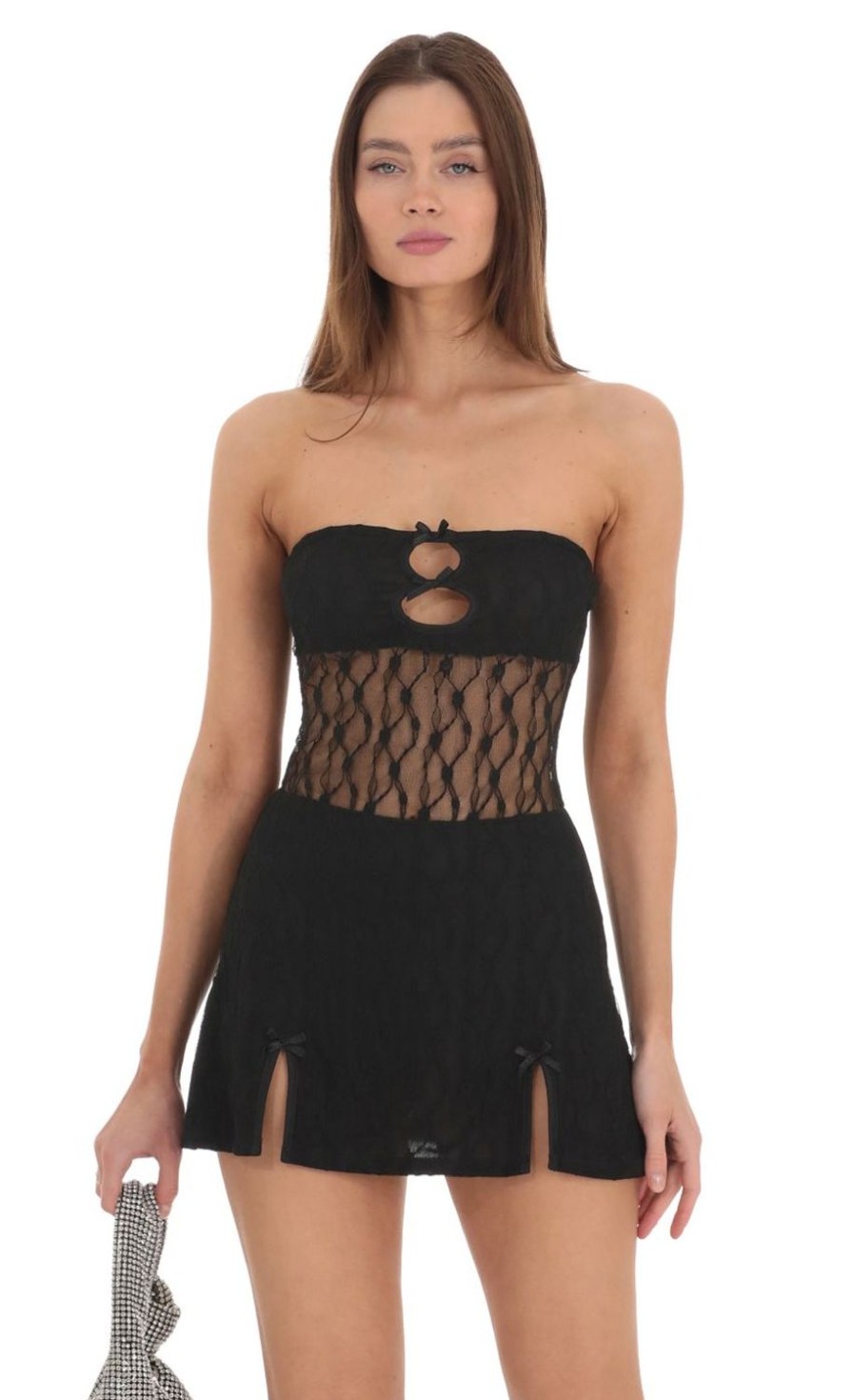 Clothing LUCY IN THE SKY | Lace Cutout Strapless Dress In Black | Lucy In The Sky