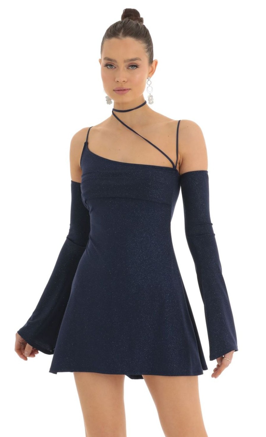 Clothing LUCY IN THE SKY | Viv Glitter Party Dress With Gloves In Navy | Lucy In The Sky