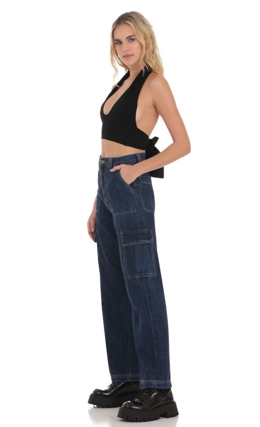 Clothing LUCY IN THE SKY | Wide Leg Cargo Jeans In Dark Denim | Lucy In The Sky