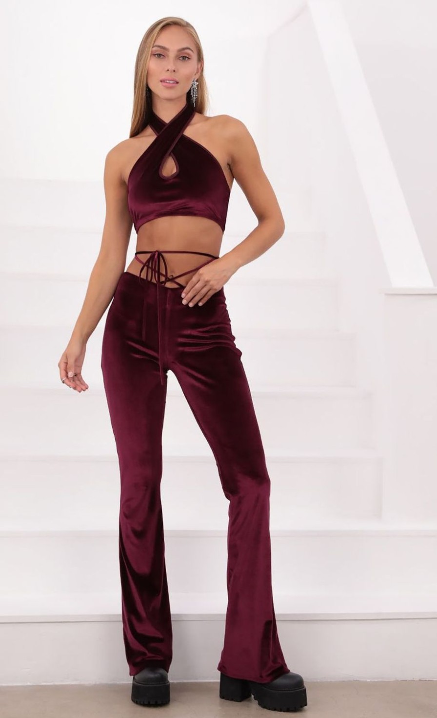 Clothing LUCY IN THE SKY | Jhene Two Piece Pant Set In Burgundy Velvet | Lucy In The Sky