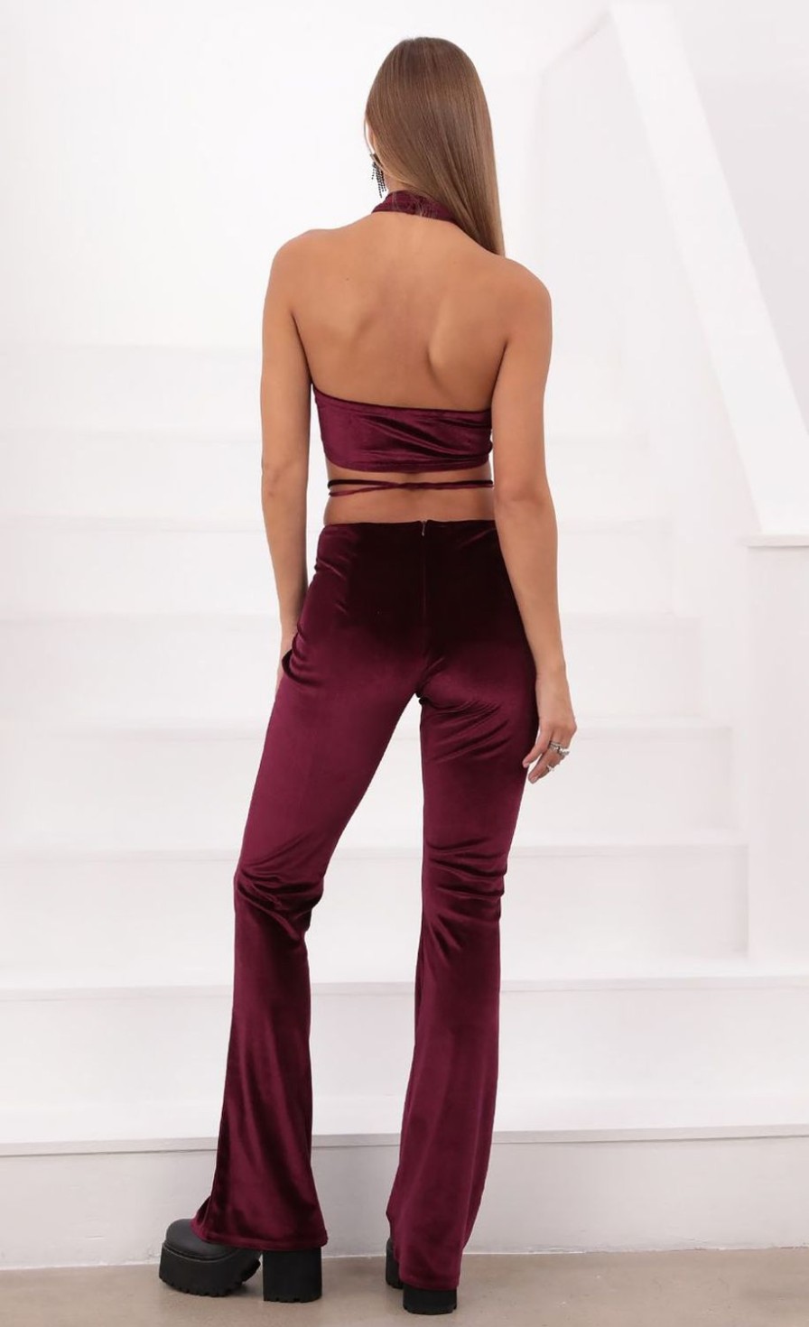 Clothing LUCY IN THE SKY | Jhene Two Piece Pant Set In Burgundy Velvet | Lucy In The Sky