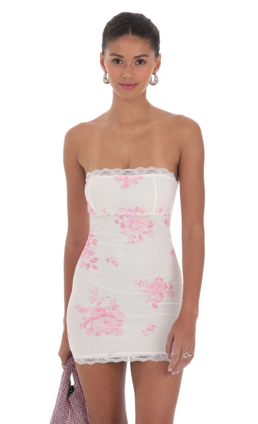 Clothing LUCY IN THE SKY | Mesh Floral Lace Strapless Bodycon Dress In White | Lucy In The Sky