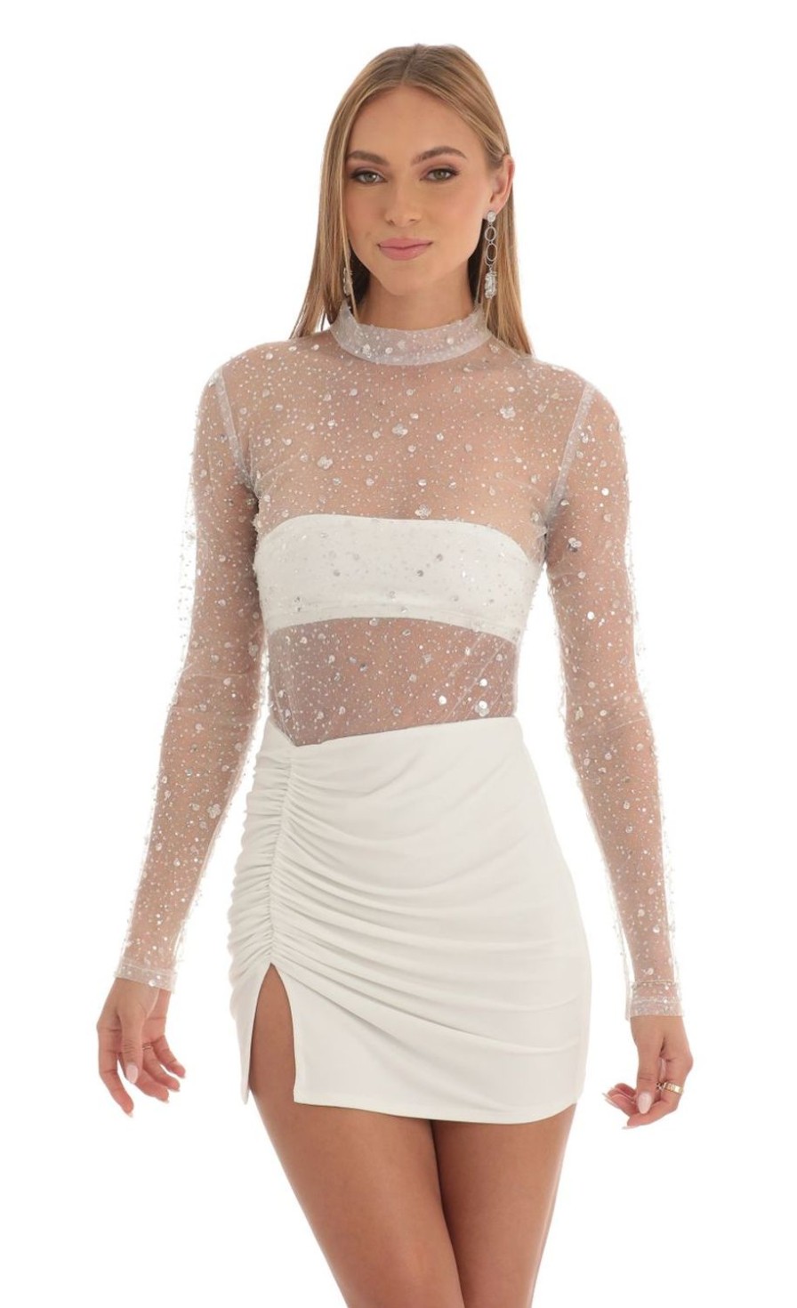 Clothing LUCY IN THE SKY | Helia Glitter Sheer Dress In White | Lucy In The Sky