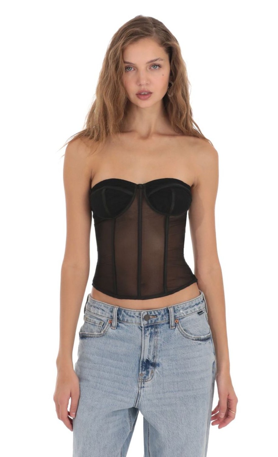 Clothing LUCY IN THE SKY | Mesh Corset Strapless Top In Black | Lucy In The Sky