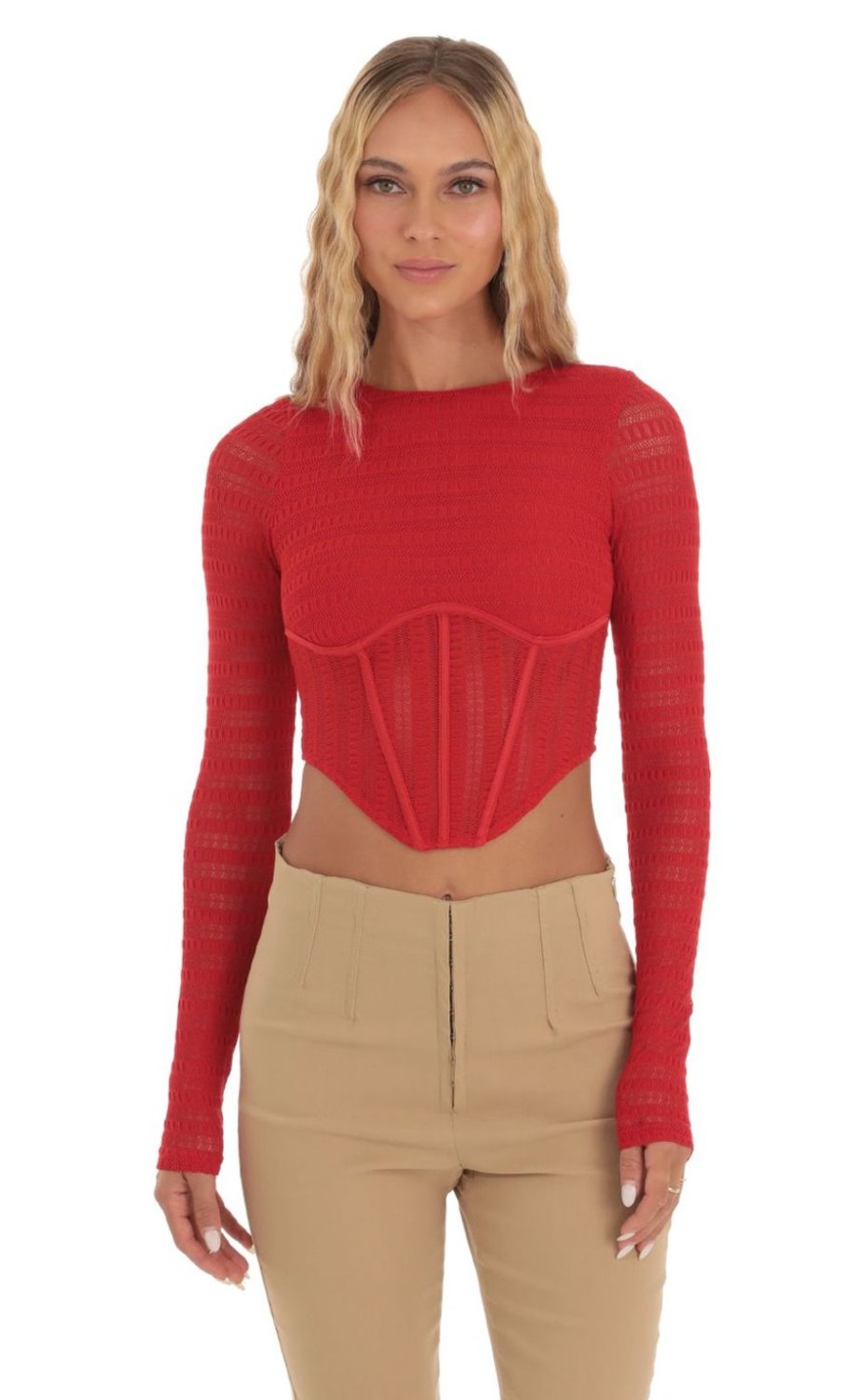 Clothing LUCY IN THE SKY | Kazue Long Sleeve Corset Top In Red | Lucy In The Sky