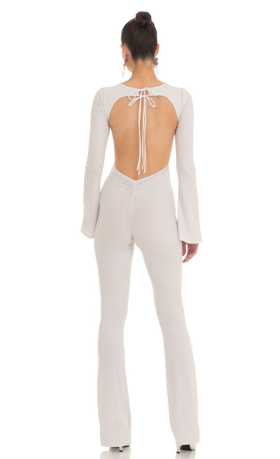 Clothing LUCY IN THE SKY | Kim Silver Shimmer Open Back Jumpsuit In White | Lucy In The Sky