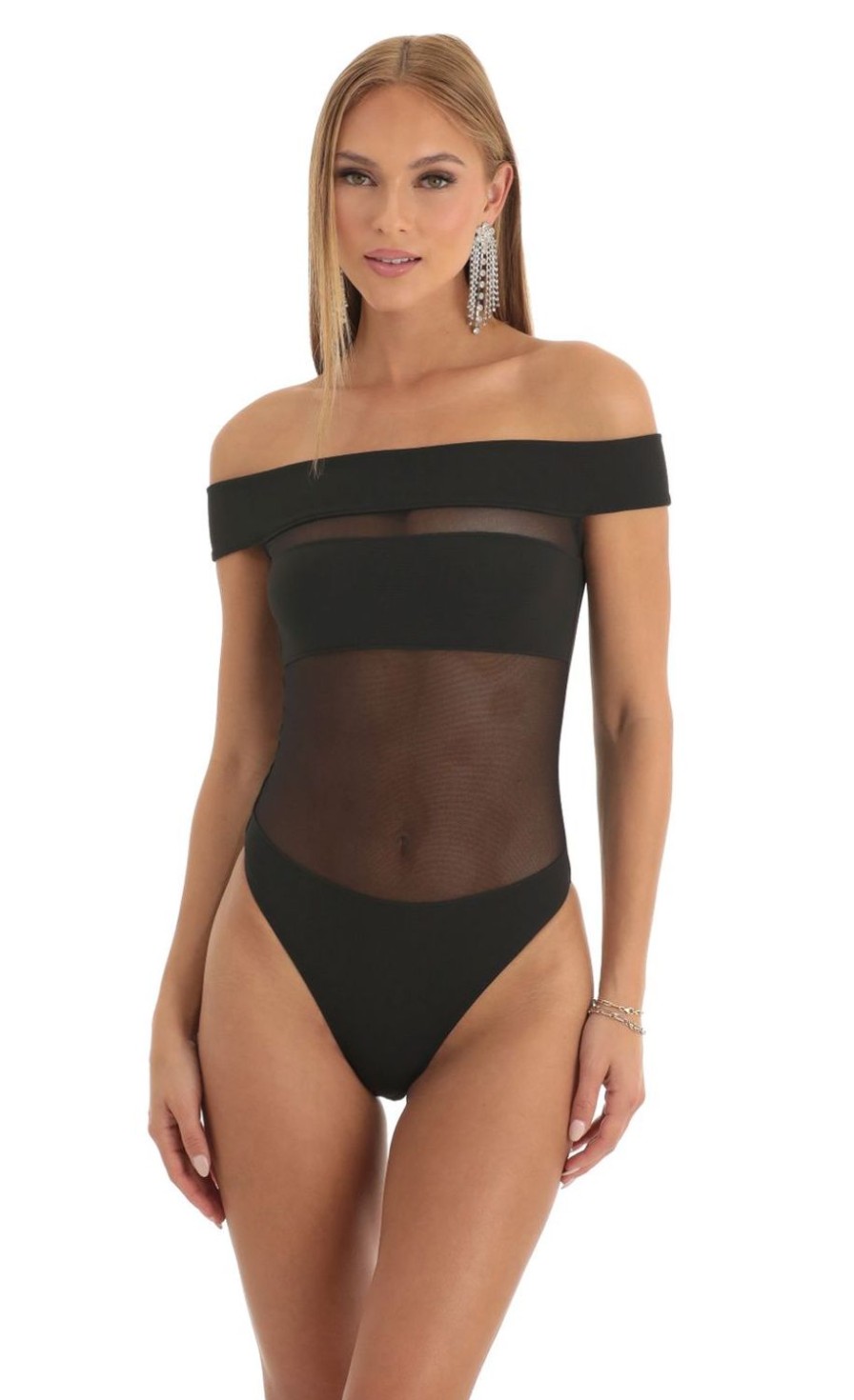 Clothing LUCY IN THE SKY | Clarisse Mesh Illusion Bodysuit In Black | Lucy In The Sky