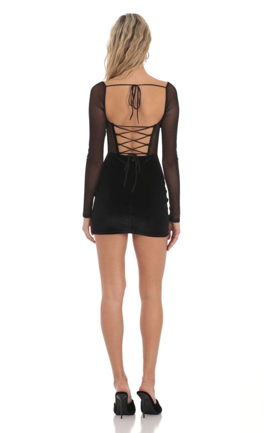 Clothing LUCY IN THE SKY | Velvet Mesh Corset Dress In Black | Lucy In The Sky