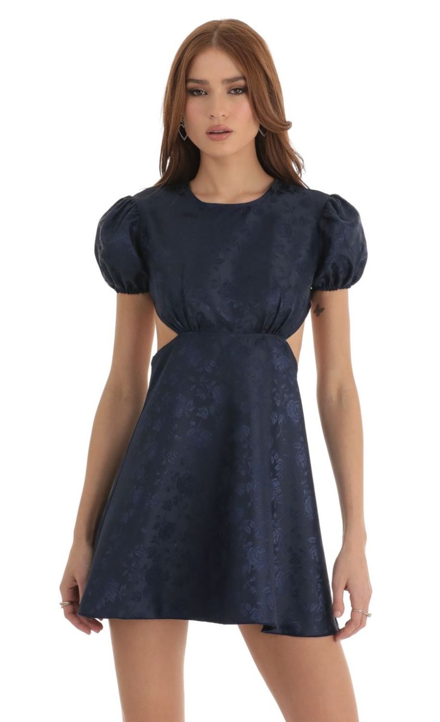 Clothing LUCY IN THE SKY | Floral Jacquard Baby Doll Dress In Blue | Lucy In The Sky