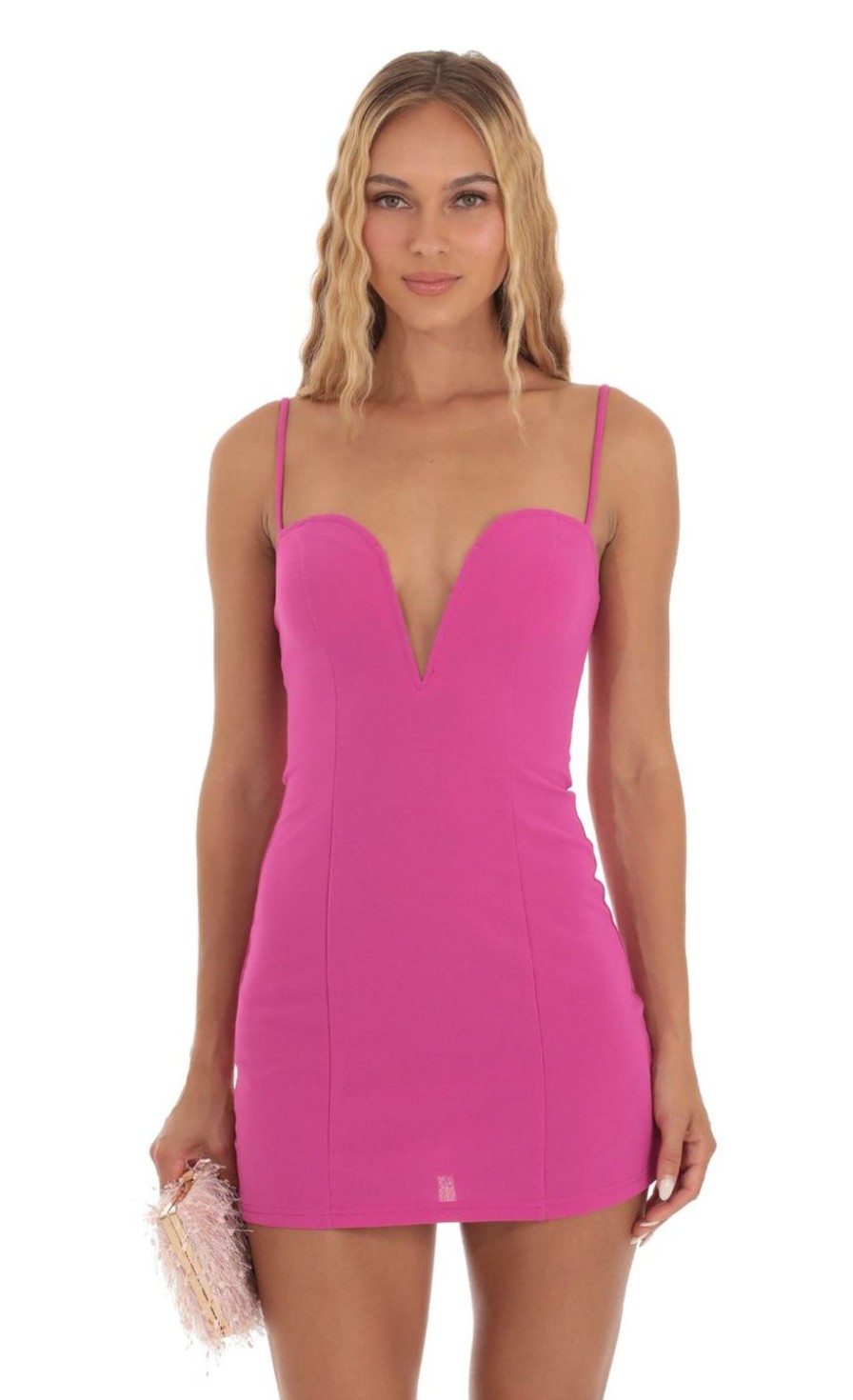 Clothing LUCY IN THE SKY | Hina Deep V Bodycon Dress In Pink | Lucy In The Sky