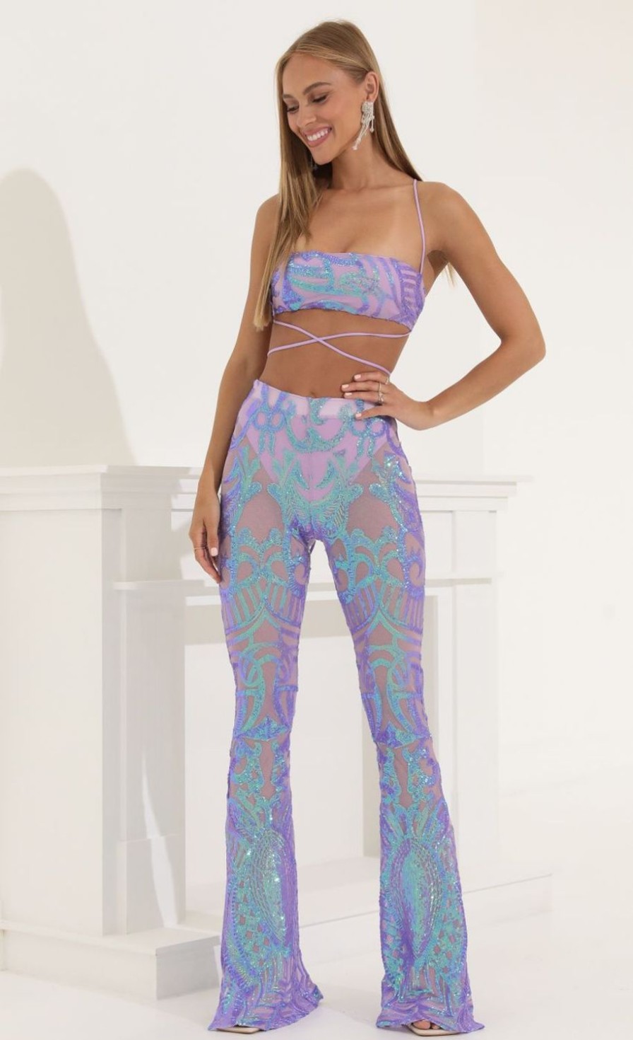 Clothing LUCY IN THE SKY | Peony Sequin Two Piece Set In Purple Iridescent | Lucy In The Sky