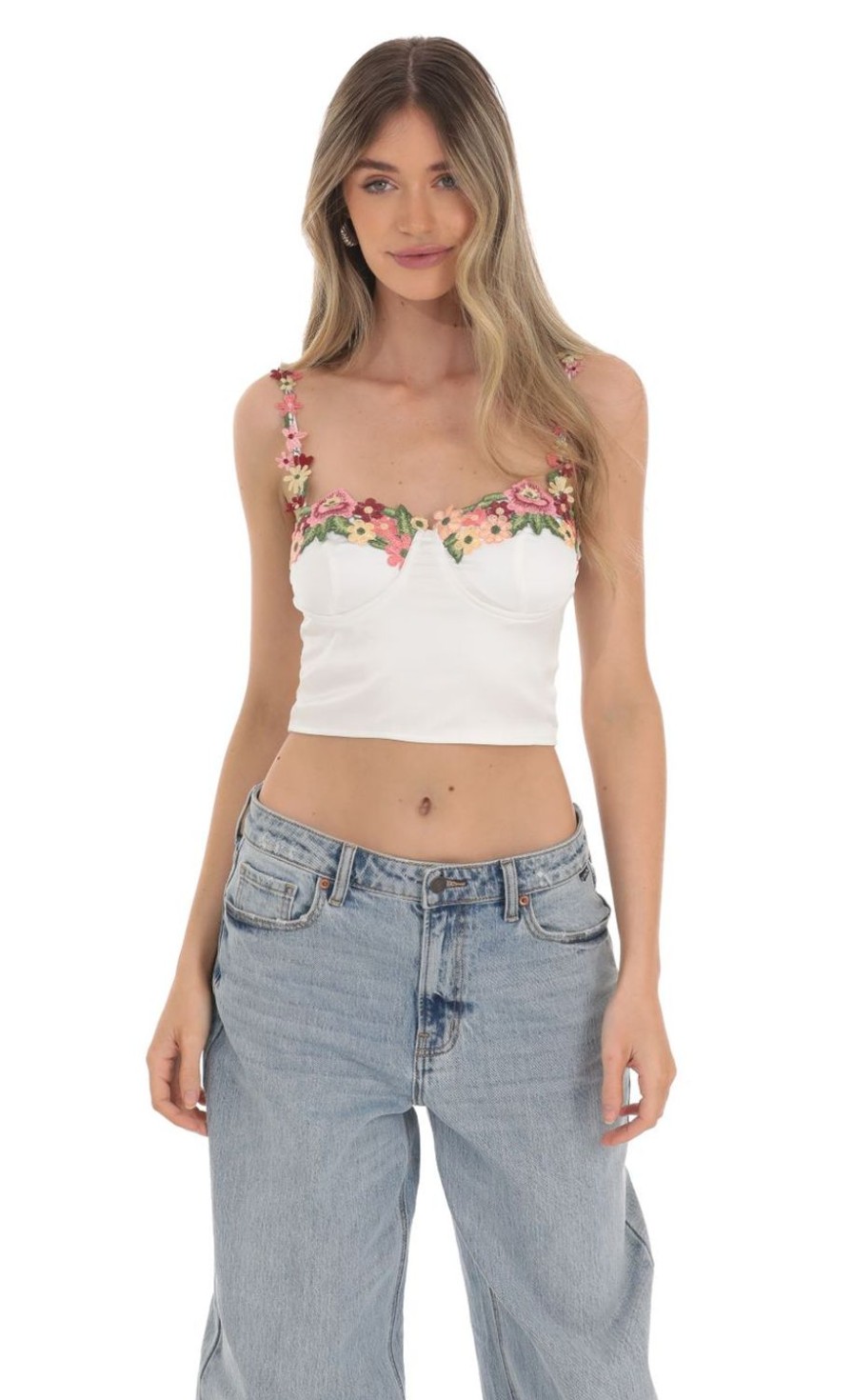 Clothing LUCY IN THE SKY | Satin Floral Top In White | Lucy In The Sky