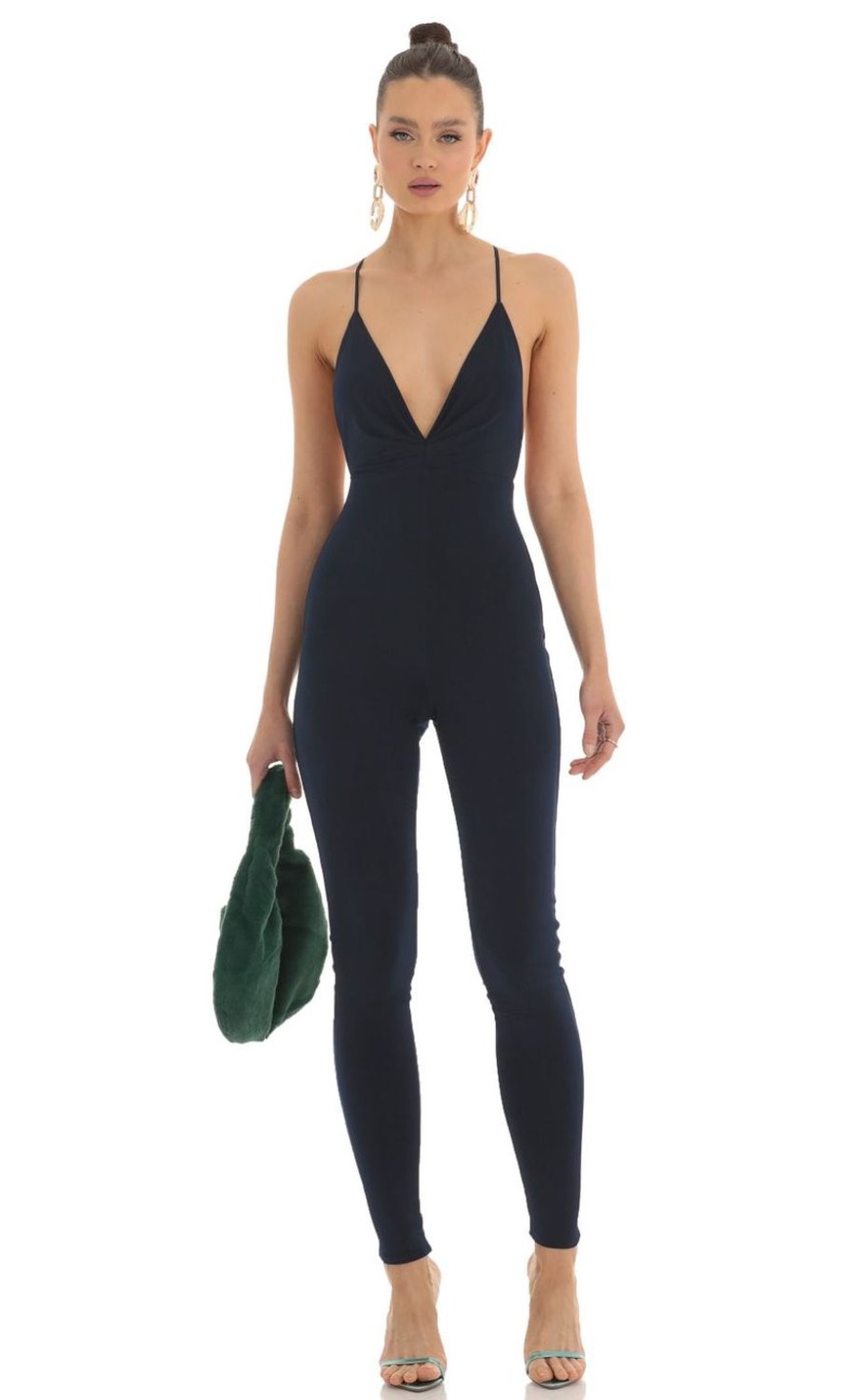 Clothing LUCY IN THE SKY | Katerina Deep V Jumpsuit In Navy | Lucy In The Sky