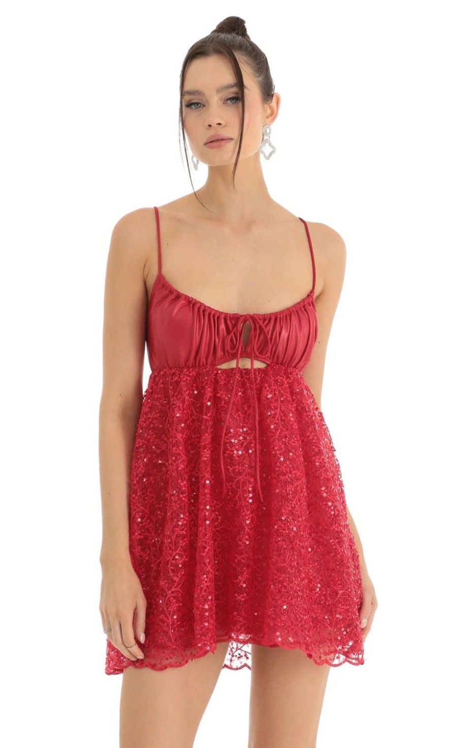 Clothing LUCY IN THE SKY | Sequin Embroidered Baby Doll Dress In Red | Lucy In The Sky