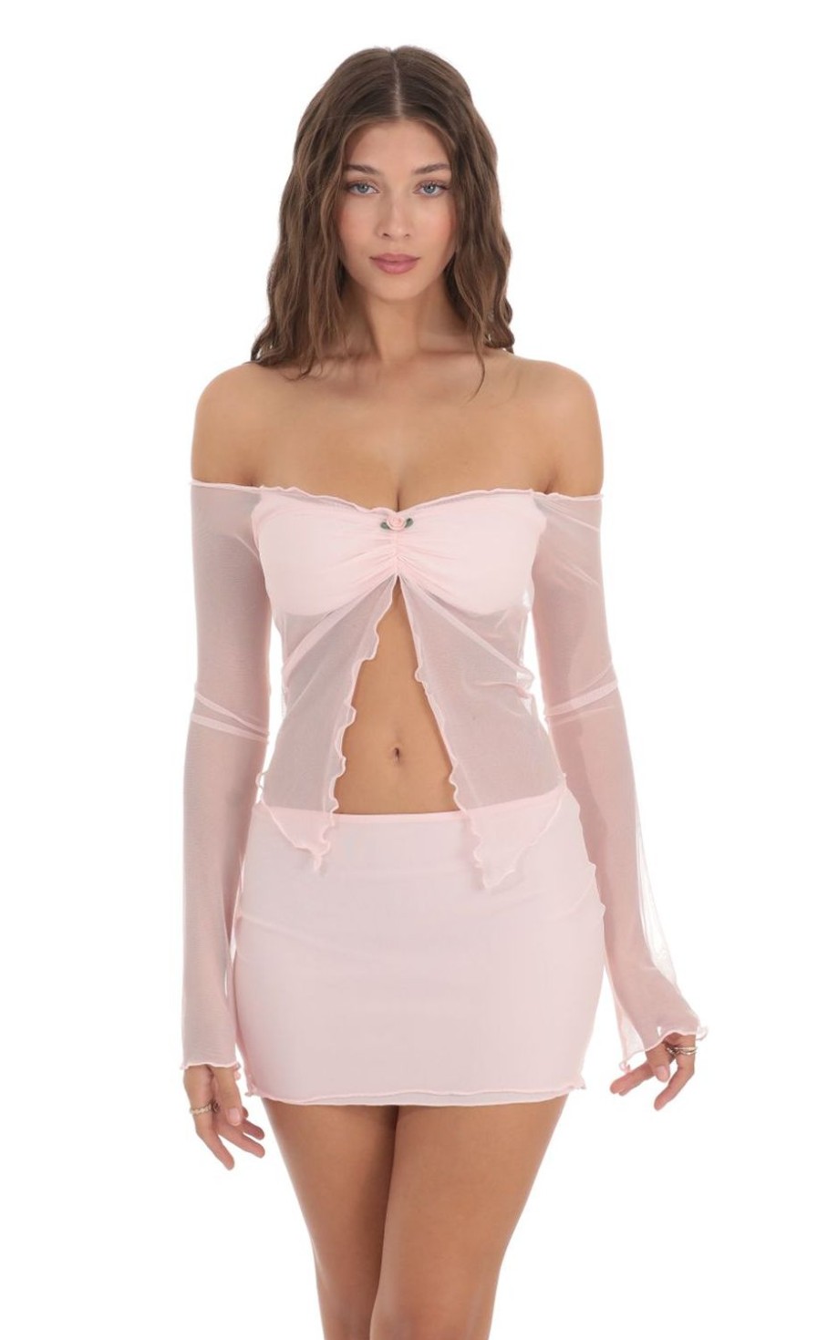 Clothing LUCY IN THE SKY | Mesh Off Shoulder Two Piece Set In Pink | Lucy In The Sky