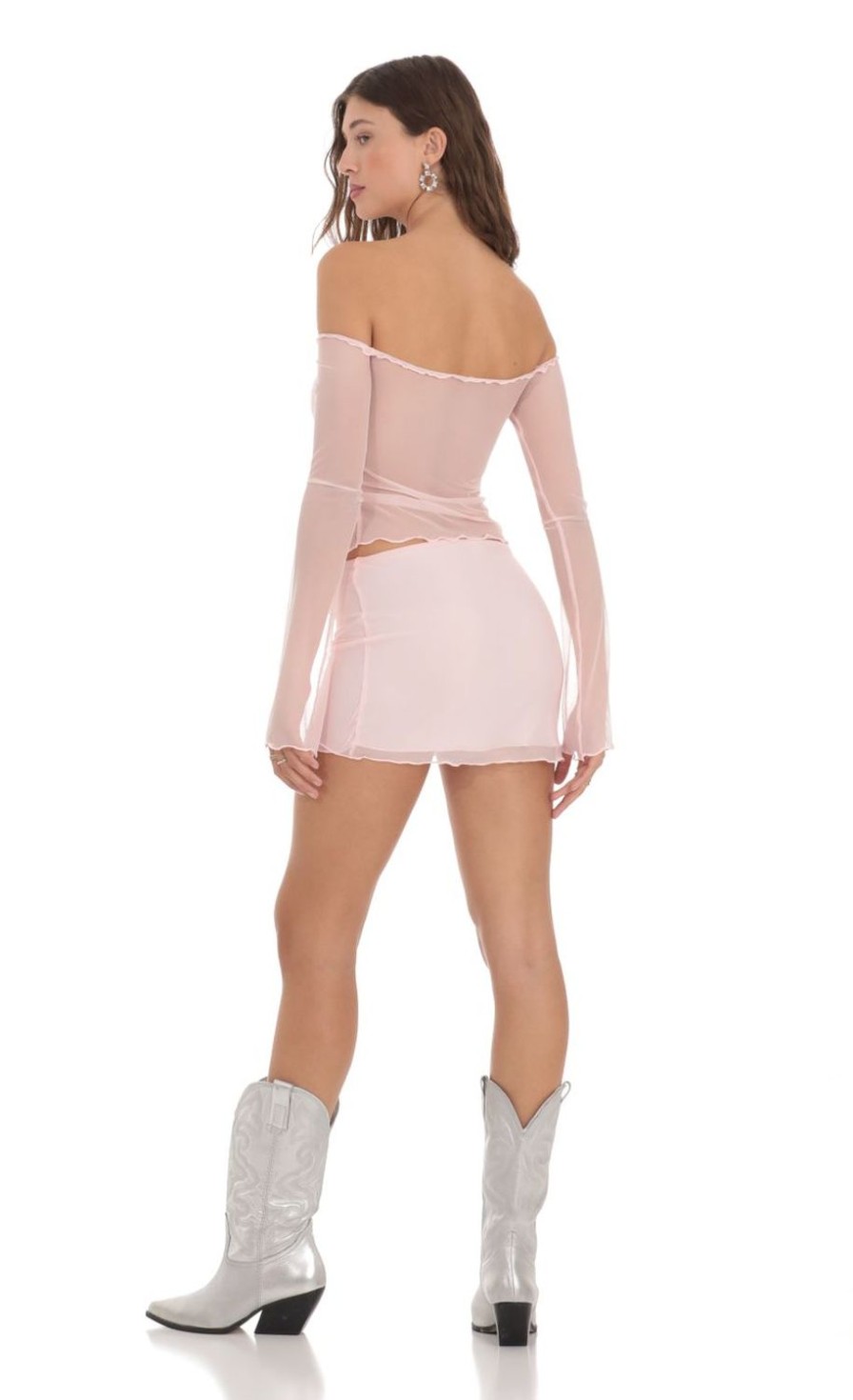 Clothing LUCY IN THE SKY | Mesh Off Shoulder Two Piece Set In Pink | Lucy In The Sky