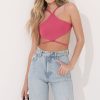 Clothing LUCY IN THE SKY | Nae Halter Crop Top In Pink Shimmer | Lucy In The Sky