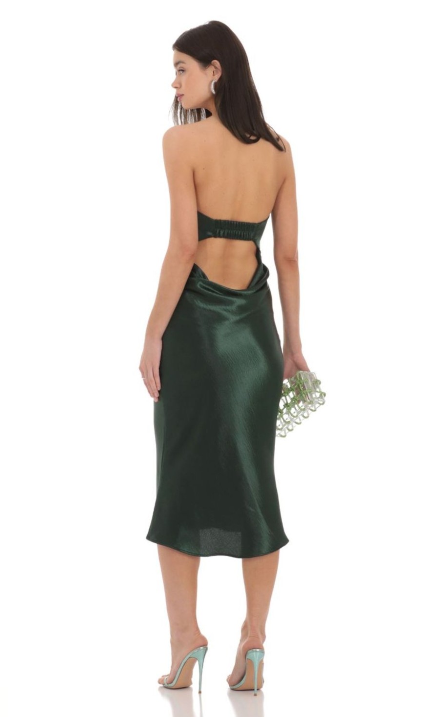 Clothing LUCY IN THE SKY | Strapless Satin Open Back Midi Dress In Green | Lucy In The Sky