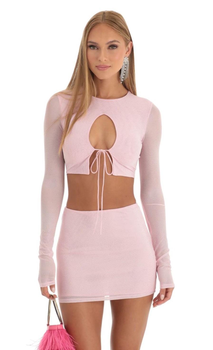 Clothing LUCY IN THE SKY | Sakura Glitter Mesh Two Piece Skirt Set In Pink | Lucy In The Sky