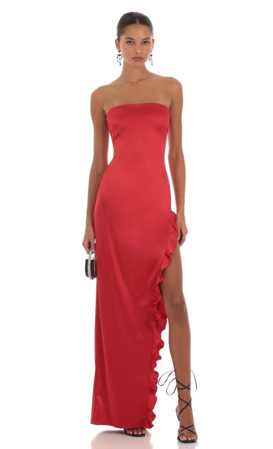 Clothing LUCY IN THE SKY | Ziva Satin Strapless Dress In Red | Lucy In The Sky