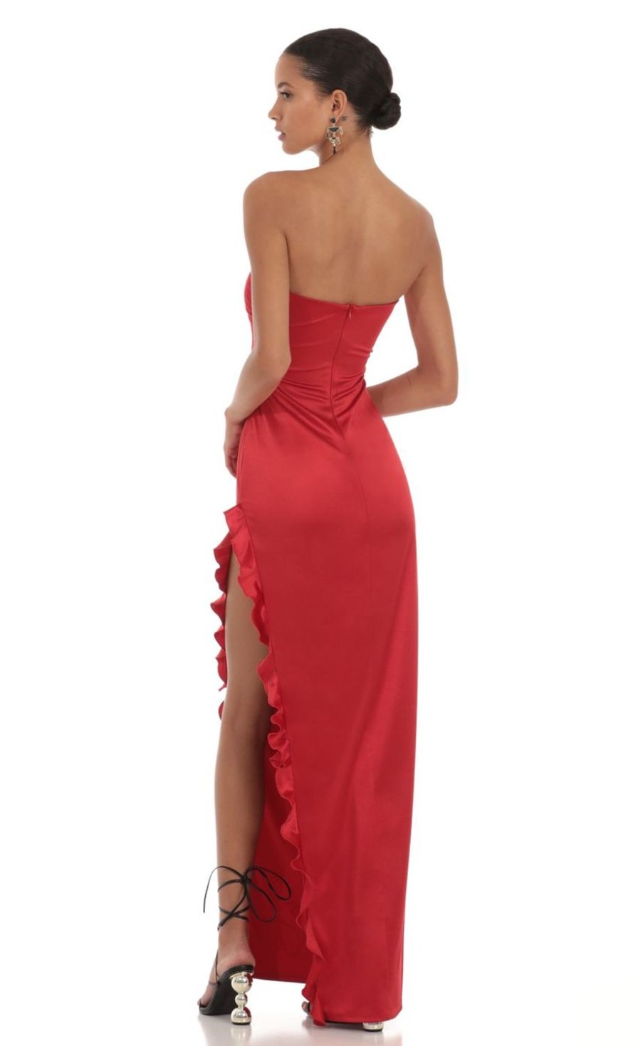 Clothing LUCY IN THE SKY | Ziva Satin Strapless Dress In Red | Lucy In The Sky