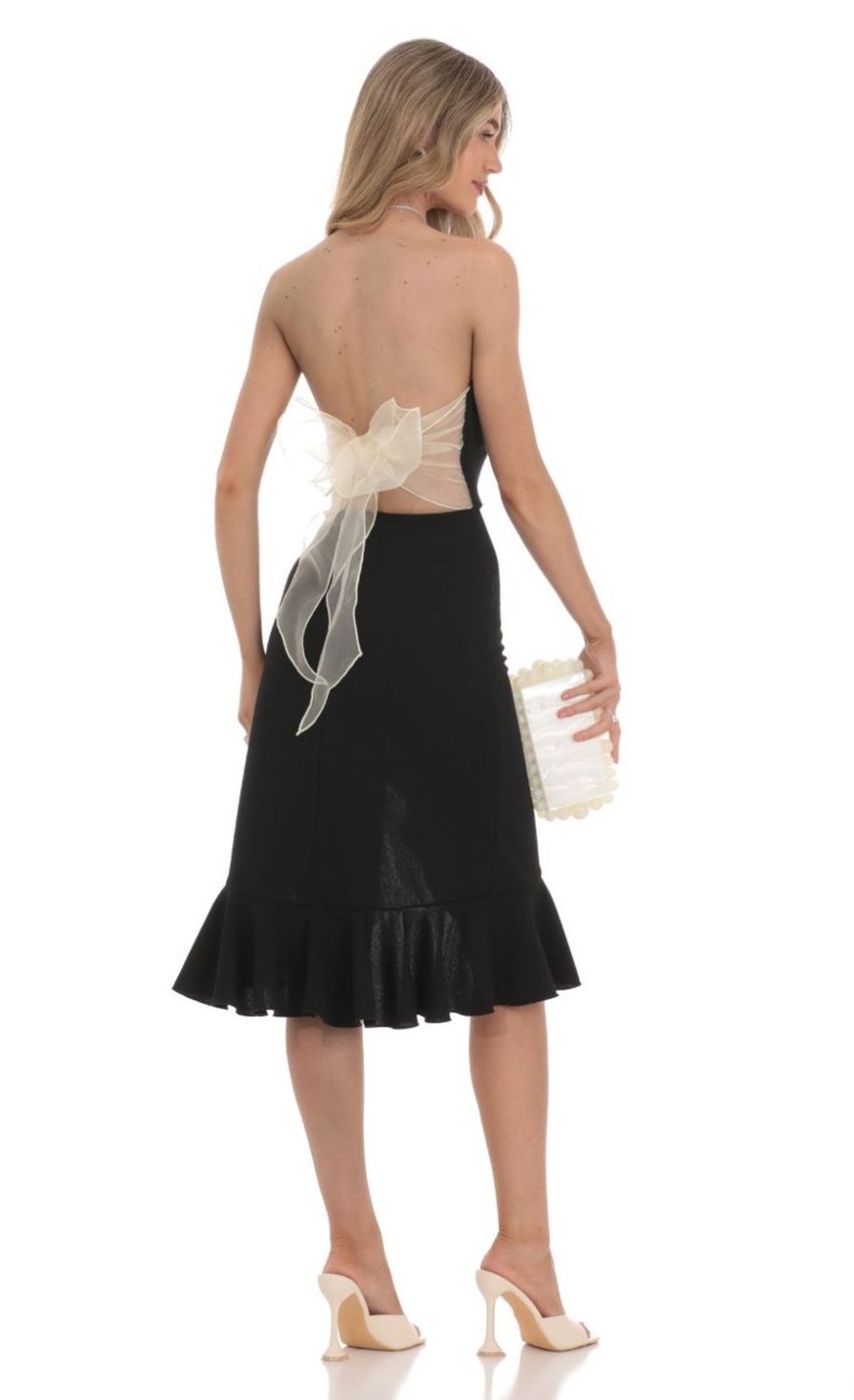 Clothing LUCY IN THE SKY | Strapless Back Bow Midi Dress In Black | Lucy In The Sky