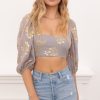 Clothing LUCY IN THE SKY | Gold Floral Puff Sleeve Top In Grey | Lucy In The Sky