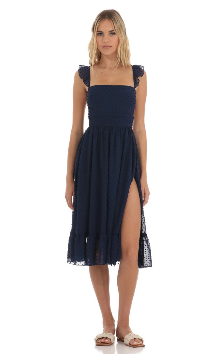 Clothing LUCY IN THE SKY | Otilia Dotted Chiffon Dress In Navy | Lucy In The Sky