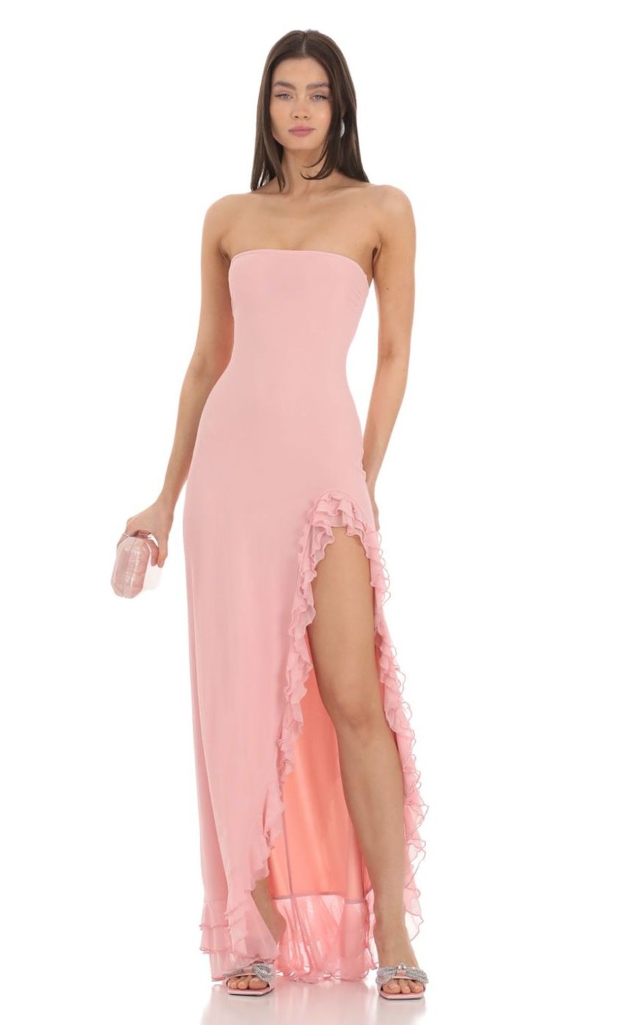 Clothing LUCY IN THE SKY | Strapless Mesh Ruffle Maxi Dress In Pink | Lucy In The Sky