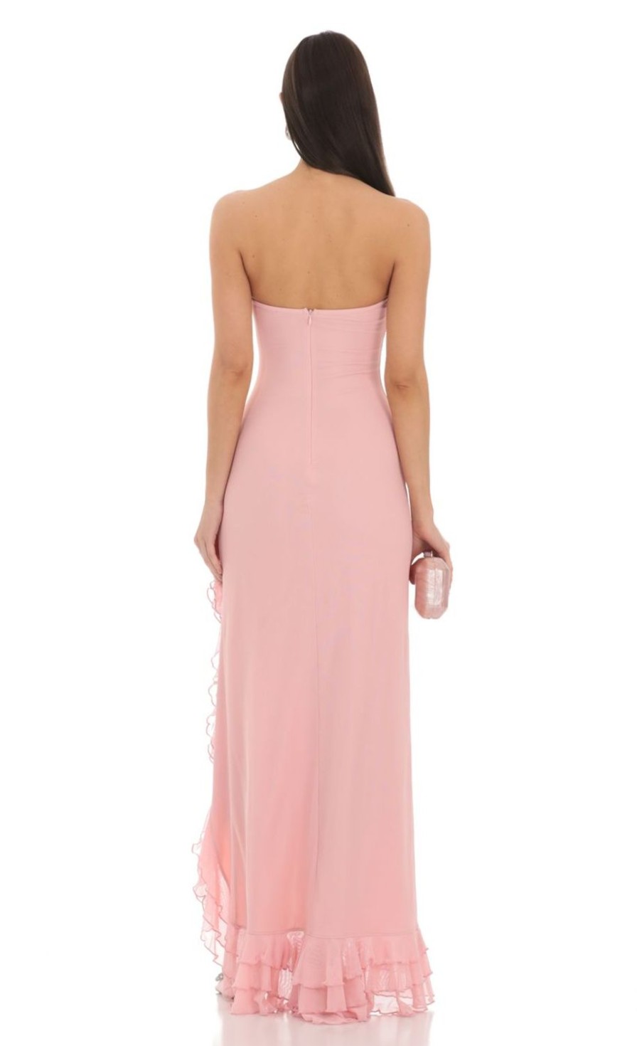 Clothing LUCY IN THE SKY | Strapless Mesh Ruffle Maxi Dress In Pink | Lucy In The Sky