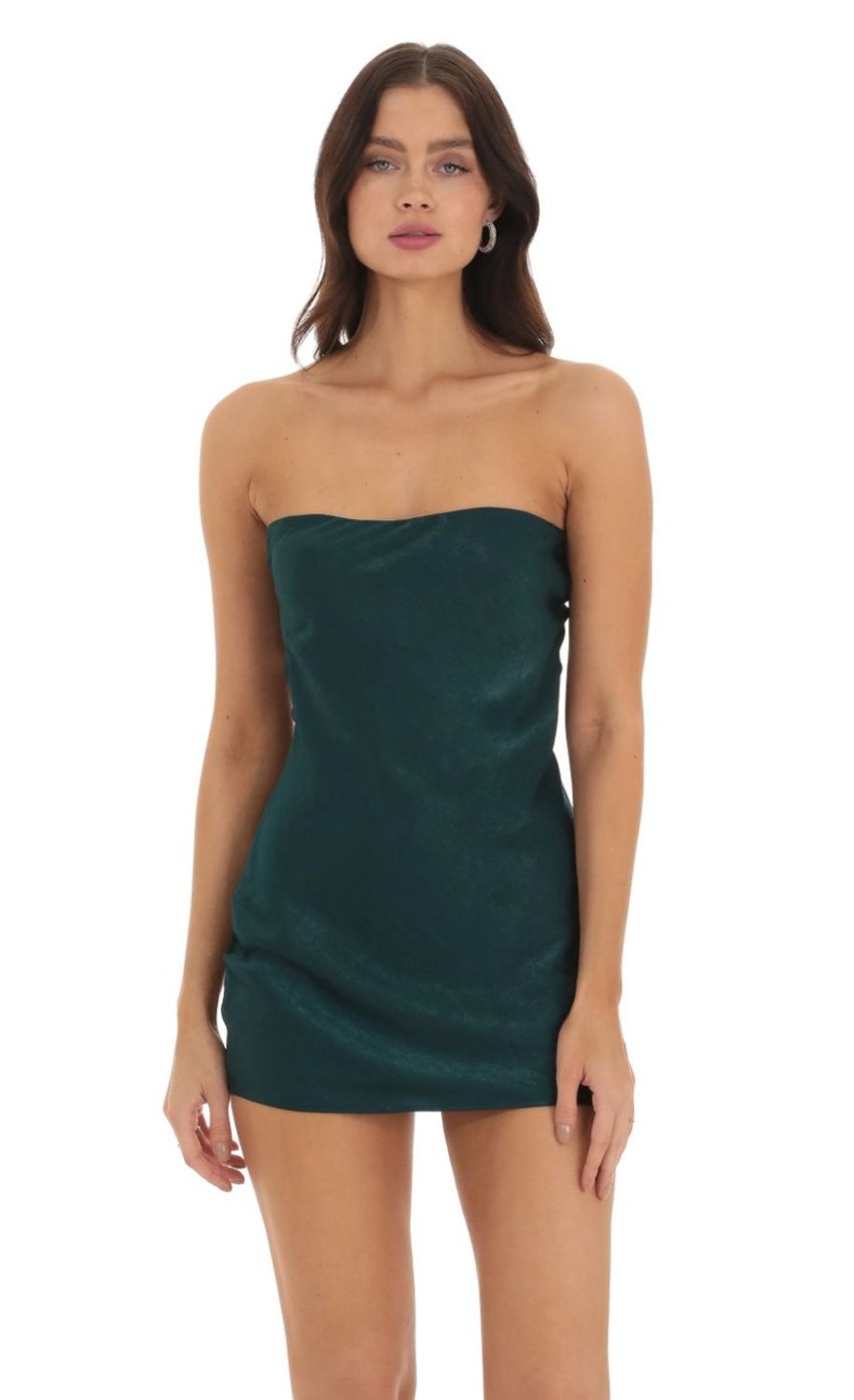 Clothing LUCY IN THE SKY | Teya Satin Strapless Open Back Dress In Green | Lucy In The Sky